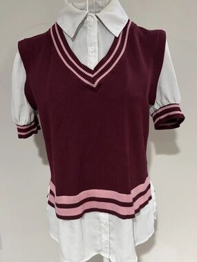 Rio and Rian Girls' Knit V-Neck Sweater Vest in Burgundy with white blouse